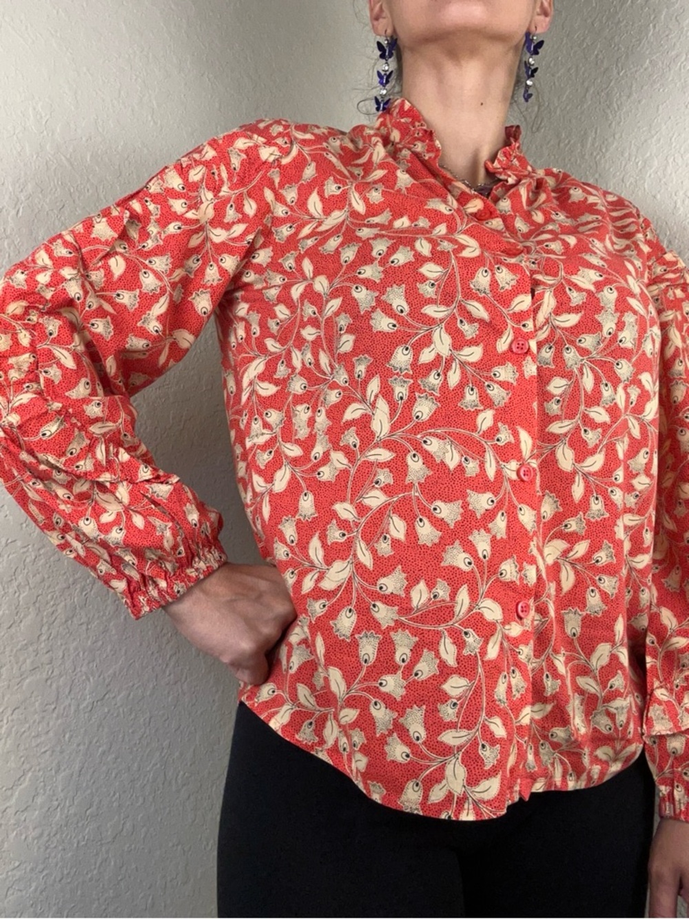 Who What Wear Orange Floral Button Shirt Size S Ruffle Sleeve Boho Top